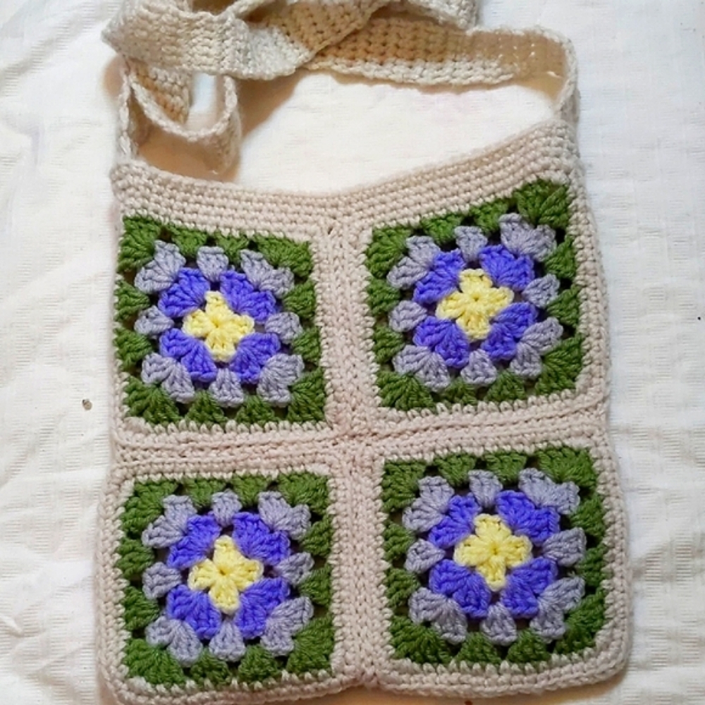 Crochet Patchwork Bag - Cream, Green, Purple Boho Y2K 60's Long Handle